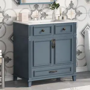 30 Inch Bathroom Vanity with Sink and Storage Cabinet, Slate Blue | Modern Single Sink Bath Storage Cabinet with 2 Doors & 1 Drawer, Quick Assembly, Solid Wood Frame, Painted Finish 30 Inch Bathroom Vanity with Sink and Storage Cabinet, Slate Blue | Modern Single Sink Bath Storage Cabinet with 2 Doors & 1 Drawer, Quick Assembly, Solid Wood Frame, Painted Finish