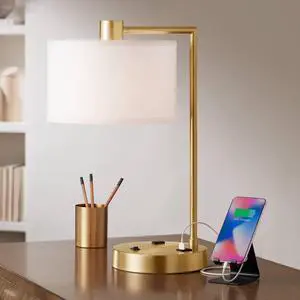 Colby 21" High Brass Desk Lamp USB Antique Gold Base Modern | USB Ports A+C Charging and AC Power Outlet Bedroom Living Room House Home Bedside Nightstand White Linen Drum Shade Colby 21" High Brass Desk Lamp USB Antique Gold Base Modern | USB Ports A+C Charging and AC Power Outlet Bedroom Living Room House Home Bedside Nightstand White Linen Drum Shade