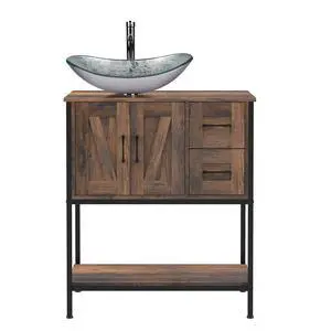 Bathroom Vanity, 30" Farmhouse Bathroom Vanity with Sink Combo Set, Rustic Brown Modern Wood Cabinet with Silver Boat Sink Bathroom Vanity, 30" Farmhouse Bathroom Vanity with Sink Combo Set, Rustic Brown Modern Wood Cabinet with Silver Boat Sink