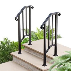2 Pack 2 Step Handrails for Outdoor Steps, Wrought Iron Stair Railing Fits 1 or 2 Steps, Metal Hand Railing with Installation Kit, Staircase Handrails for Concrete, Porch, Deck, Exterior Steps, Black 2 Pack 2 Step Handrails for Outdoor Steps, Wrought Iron Stair Railing Fits 1 or 2 Steps, Metal Hand Railing with Installation Kit, Staircase Handrails for Concrete, Porch, Deck, Exterior Steps, Black
