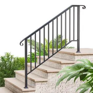 5 Step Handrails for Outdoor Steps, Wrought Iron Stair Railing Fits 4 or 5 Steps, Metal Hand Railing with Installation Kit, Staircase Handrails for Concrete, Porch, Deck, Exterior Steps, Black 5 Step Handrails for Outdoor Steps, Wrought Iron Stair Railing Fits 4 or 5 Steps, Metal Hand Railing with Installation Kit, Staircase Handrails for Concrete, Porch, Deck, Exterior Steps, Black