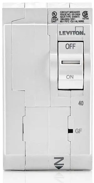 LB240-GF 40A 2-Pole Plug-On GFCI Branch Circuit Breaker, Hydraulic Magnetic, 120/240 VAC, White LB240-GF 40A 2-Pole Plug-On GFCI Branch Circuit Breaker, Hydraulic Magnetic, 120/240 VAC, White