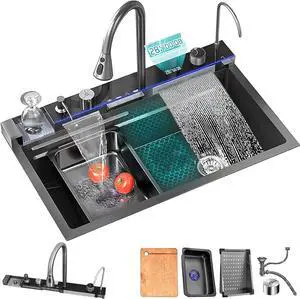 Digital Display Embossed Stainless Steel Nano Black Raindance Waterfall Drop In Sink with Pressurized Cup Washer and Two Waterfalls 29.5x18 INCH Digital Display Embossed Stainless Steel Nano Black Raindance Waterfall Drop In Sink with Pressurized Cup Washer and Two Waterfalls 29.5x18 INCH