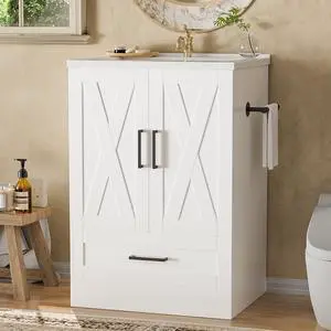 Bathroom Vanity with Sink, White | 24" Wood Fixture Stand Pedestal Bathroom Cabinet with Drawer, Farmhouse Cabinet Easy Assembly Bathroom Vanity with Sink, White | 24" Wood Fixture Stand Pedestal Bathroom Cabinet with Drawer, Farmhouse Cabinet Easy Assembly