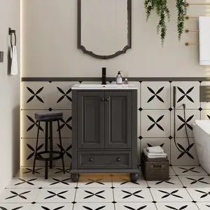 24" Bathroom Vanity and Sink Combo, Retro Style Painted Bathroom Cabinet with Ceramic Sink, Matte Faucet and Drain, Mirror is not Included, Grey 24" Bathroom Vanity and Sink Combo, Retro Style Painted Bathroom Cabinet with Ceramic Sink, Matte Faucet and Drain, Mirror is not Included, Grey