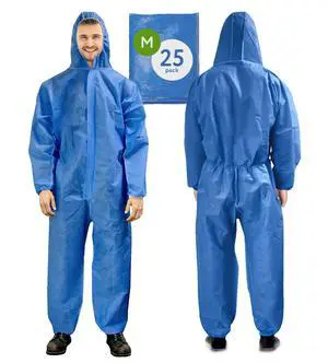 Disposable Coveralls with Hood, Medium, Blue, Pack of 25, 50 GSM SMS Fabric, Front Zipper, Elastic Wrists and Ankles, Lightweight One-Piece Work Suit Disposable Coveralls with Hood, Medium, Blue, Pack of 25, 50 GSM SMS Fabric, Front Zipper, Elastic Wrists and Ankles, Lightweight One-Piece Work Suit