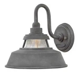 Troyer Small Outdoor Wall Mount Lantern Light, Gooseneck Arm, Farmhouse Shade with Ribbed Glass Accent, Aged Zinc | Clear Ribbed Glass, Aluminum, Needs Med. LED Bulb, Outdoor Finish, Gooseneck Arm, Pr Troyer Small Outdoor Wall Mount Lantern Light, Gooseneck Arm, Farmhouse Shade with Ribbed Glass Accent, Aged Zinc | Clear Ribbed Glass, Aluminum, Needs Med. LED Bulb, Outdoor Finish, Gooseneck Arm, Pr