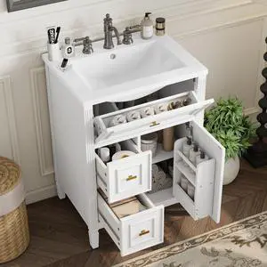 24 Inch White Bathroom Vanity with Sink & Gold Handles,Modern Luxury | with Soft Closing Door,Adjustable Shelf,Tip-Out Tray,Left Drawers,Ceramic Countertop,Solid Wood Frame,Painted,Recessed Front 24 Inch White Bathroom Vanity with Sink & Gold Handles,Modern Luxury | with Soft Closing Door,Adjustable Shelf,Tip-Out Tray,Left Drawers,Ceramic Countertop,Solid Wood Frame,Painted,Recessed Front