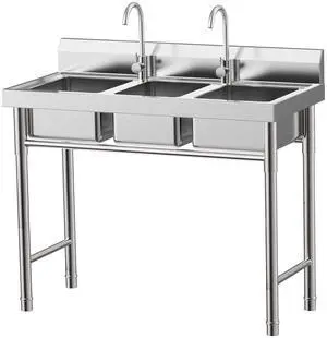 Free Standing Three Bowl Kitchen Sink Set, 3 Compartment Commercial Kitchen Sink Stainless Steel Restaurant/Garage Prep & Utility Sink 39" W x 17.7" D x 37.4" H Free Standing Three Bowl Kitchen Sink Set, 3 Compartment Commercial Kitchen Sink Stainless Steel Restaurant/Garage Prep & Utility Sink 39" W x 17.7" D x 37.4" H