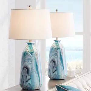 Carlton 28" Tall Table Lamps Set of 2 Swirling Blue Faux Marble Coastal | Modern Bedroom Living Room House Home Bedside Nightstand Office Kids Family White Tapered Drum Shade Carlton 28" Tall Table Lamps Set of 2 Swirling Blue Faux Marble Coastal | Modern Bedroom Living Room House Home Bedside Nightstand Office Kids Family White Tapered Drum Shade