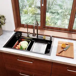Waterfall Kitchen Sink 30 Inch Single Bowl | Drop In Workstation Kitchen Sinks with Pull-Down Faucet, Modern for Farmhouse, RV, Bar, Dark Gray Waterfall Kitchen Sink 30 Inch Single Bowl | Drop In Workstation Kitchen Sinks with Pull-Down Faucet, Modern for Farmhouse, RV, Bar, Dark Gray