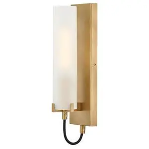 Ryden Medium Indoor Single Light Wall Sconce, Heritage Brass Finish | Etched Glass Cylinder Shade, Modern Industrial, Sleek, Includes Med. LED Bulb, Shown w/ T Bulb, Hidden Mounting Hardware Ryden Medium Indoor Single Light Wall Sconce, Heritage Brass Finish | Etched Glass Cylinder Shade, Modern Industrial, Sleek, Includes Med. LED Bulb, Shown w/ T Bulb, Hidden Mounting Hardware