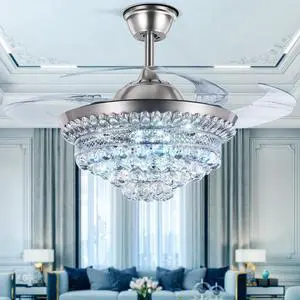 BIGBANBAN 42" Crystal Ceiling Fan with Light Remote Control, Silver Retractable Chandelier Fan 3 Colors LED Light 3 Speeds Modern Fandelier Chandelier for Living Room Bedroom BIGBANBAN 42" Crystal Ceiling Fan with Light Remote Control, Silver Retractable Chandelier Fan 3 Colors LED Light 3 Speeds Modern Fandelier Chandelier for Living Room Bedroom