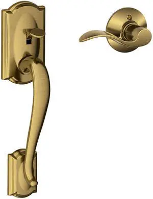 Century Entry Handleset, Right Hand Accent Lever, Antique Brass | Exterior front door handleset grip with handed interior lever, No deadbolt, Pairs with smart locks, Certified durability Century Entry Handleset, Right Hand Accent Lever, Antique Brass | Exterior front door handleset grip with handed interior lever, No deadbolt, Pairs with smart locks, Certified durability