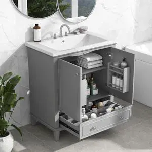 30" Bathroom Vanity with Sink, Free Standing Single Basin Vanity Set with 2 Doors and Drawer, Modern Wooden Bathroom Cabinet with Ceramic Basin for Bathroom, Grey 30" Bathroom Vanity with Sink, Free Standing Single Basin Vanity Set with 2 Doors and Drawer, Modern Wooden Bathroom Cabinet with Ceramic Basin for Bathroom, Grey