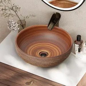 Vessel Sink, 15.7" Bathroom Sink for Retro Style Countertop Washbasin, Handmade Patterned Elegant Ceramic Round Bowl Sink for Modern and Classic Bathrooms Without Overflow Vessel Sink, 15.7" Bathroom Sink for Retro Style Countertop Washbasin, Handmade Patterned Elegant Ceramic Round Bowl Sink for Modern and Classic Bathrooms Without Overflow