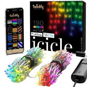 Icicle App-Controlled LED Christmas Lights with 190 RGB (16 Million Colors) LEDs. Clear Wire. Indoor and Outdoor Smart Lighting Decoration Icicle App-Controlled LED Christmas Lights with 190 RGB (16 Million Colors) LEDs. Clear Wire. Indoor and Outdoor Smart Lighting Decoration
