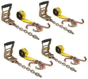 (4 Pack) Car Hauler Straps with RTJ Cluster Hooks - 2" x 8' Rollback Tie Down Straps with G70 12" Chain Extension - 3,335 lbs WLL Ratchet Straps for Auto Towing & Car Wrecker Recovery (4 Pack) Car Hauler Straps with RTJ Cluster Hooks - 2" x 8' Rollback Tie Down Straps with G70 12" Chain Extension - 3,335 lbs WLL Ratchet Straps for Auto Towing & Car Wrecker Recovery