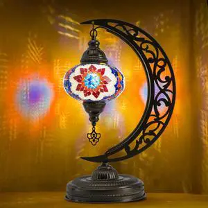 Turkish Mosaic Crescent Shape Table Lamp, Moroccan Moon Boho Handmade Desk Light, Farmhouse Rustic Living Room Decorative Lighting, Bedside Nightstand with E12 Socket & US Plug (Multicolor) Turkish Mosaic Crescent Shape Table Lamp, Moroccan Moon Boho Handmade Desk Light, Farmhouse Rustic Living Room Decorative Lighting, Bedside Nightstand with E12 Socket & US Plug (Multicolor)