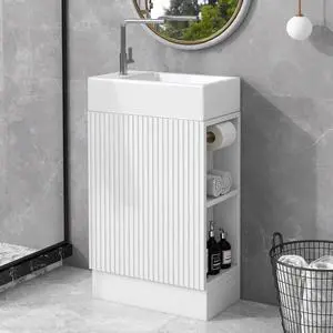 18 Inch White Bathroom Vanity with Ceramic Sink, Compact Freestanding Vanity with Soft-Closing Door, Open Storage Shelf & Toilet Paper Holder, White 18 Inch White Bathroom Vanity with Ceramic Sink, Compact Freestanding Vanity with Soft-Closing Door, Open Storage Shelf & Toilet Paper Holder, White