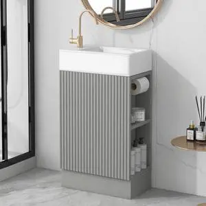 18.6 Inch Bathroom Vanity with Ceramic Sink, Small Bathroom Vanity with Soft-Close Door, Storage Shelves and Paper Holder, Freestanding, Grey 18.6 Inch Bathroom Vanity with Ceramic Sink, Small Bathroom Vanity with Soft-Close Door, Storage Shelves and Paper Holder, Freestanding, Grey