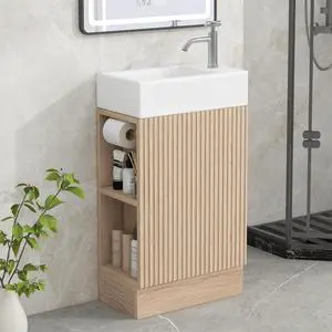 18.6 Inch Bathroom Vanity with Ceramic Sink, Small Bathroom Vanity with Soft-Close Door, Storage Shelves and Paper Holder, Freestanding, Natural 18.6 Inch Bathroom Vanity with Ceramic Sink, Small Bathroom Vanity with Soft-Close Door, Storage Shelves and Paper Holder, Freestanding, Natural
