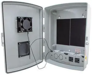 14x10x04 ABS Plastic Weatherproof Indoor/Outdoor IP24 NEMA 3R Enclosure, Hook & Loop Mounting, Fan & 120 VAC outlets, Gray 14x10x04 ABS Plastic Weatherproof Indoor/Outdoor IP24 NEMA 3R Enclosure, Hook & Loop Mounting, Fan & 120 VAC outlets, Gray