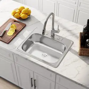 25x22 Drop In Topmount Stainless Steel Single Bowl Kitchen Sink | 304 Stainless Steel, 18 Gauge Thickness, Three Faucet Holes with Cover, Commercial Grade Satin Finish, 25" x 22" x 8" 25x22 Drop In Topmount Stainless Steel Single Bowl Kitchen Sink | 304 Stainless Steel, 18 Gauge Thickness, Three Faucet Holes with Cover, Commercial Grade Satin Finish, 25" x 22" x 8"