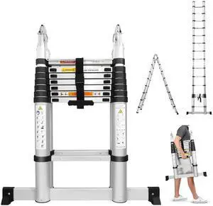 16.5Ft Aluminum Telescoping A-Frame Ladder EN131 Certificated Telescopic Extension Tall Multi Purpose 16 Steps for Family Home Christmas Gift Presents 16.5Ft Aluminum Telescoping A-Frame Ladder EN131 Certificated Telescopic Extension Tall Multi Purpose 16 Steps for Family Home Christmas Gift Presents