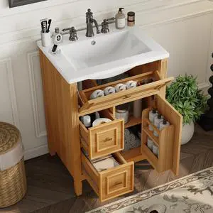 24 Inch Natural Bathroom Vanity with Sink & Gold Handles,Modern Luxury | with Soft Closing Door,Adjustable Shelf,Tip-Out Tray,Left Drawers,Ceramic Countertop,Solid Wood Frame,Painted,Recessed Front 24 Inch Natural Bathroom Vanity with Sink & Gold Handles,Modern Luxury | with Soft Closing Door,Adjustable Shelf,Tip-Out Tray,Left Drawers,Ceramic Countertop,Solid Wood Frame,Painted,Recessed Front