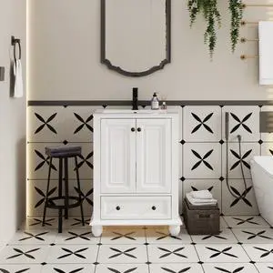 24" Bathroom Vanity and Sink Combo, Retro Style Painted Bathroom Cabinet with Ceramic Sink, Matte Faucet and Drain, Mirror is not Included, White 24" Bathroom Vanity and Sink Combo, Retro Style Painted Bathroom Cabinet with Ceramic Sink, Matte Faucet and Drain, Mirror is not Included, White