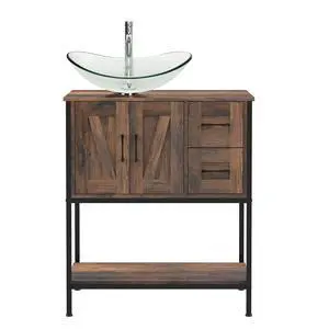Bathroom Vanity, 30" Farmhouse Bathroom Vanity with Sink Combo Set, Rustic Brown Modern Wood Cabinet with Clear Glass Sink Bathroom Vanity, 30" Farmhouse Bathroom Vanity with Sink Combo Set, Rustic Brown Modern Wood Cabinet with Clear Glass Sink