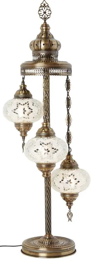 Turkish Moroccan Mosaic Floor & Table Lamp Handmade Boho Tiffany-Style Light with 3 Large 7" Globes, Artisan Decor, 37" (95cm) Tall, Antique Brass Finish, North American Use (White Clear) Turkish Moroccan Mosaic Floor & Table Lamp Handmade Boho Tiffany-Style Light with 3 Large 7" Globes, Artisan Decor, 37" (95cm) Tall, Antique Brass Finish, North American Use (White Clear)