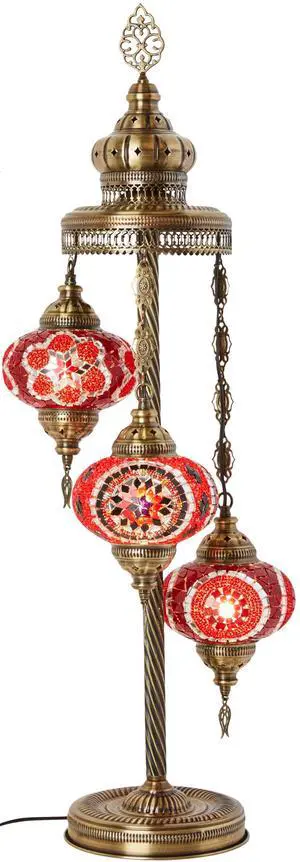 Turkish Moroccan Mosaic Floor & Table Lamp Handmade Boho Tiffany-Style Light with 3 Large 7" Globes, Artisan Decor, 37" (95cm) Tall, Antique Brass Finish, North American Use (Reds & Pink) Turkish Moroccan Mosaic Floor & Table Lamp Handmade Boho Tiffany-Style Light with 3 Large 7" Globes, Artisan Decor, 37" (95cm) Tall, Antique Brass Finish, North American Use (Reds & Pink)