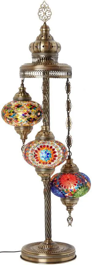 Turkish Moroccan Mosaic Floor & Table Lamp, 37" (95cm) Tall, Handmade Boho Tiffany-Style Light with 3 Large 7" Globes, Artisan Decor, Antique Brass Finish, North American Use (Multicolors) Turkish Moroccan Mosaic Floor & Table Lamp, 37" (95cm) Tall, Handmade Boho Tiffany-Style Light with 3 Large 7" Globes, Artisan Decor, Antique Brass Finish, North American Use (Multicolors)