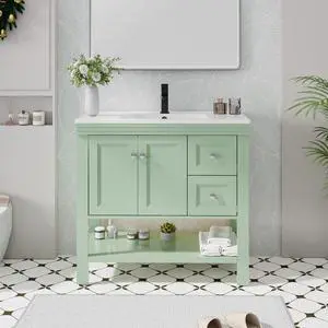 36" Bathroom Vanity with Sink Combo, Modern Painted Vanities Cabinet w/Wide Opening Storage Shelf, 2 Drawers, Soft Closing Doors and Undermount White Sink Faucet Drain, Green 36" Bathroom Vanity with Sink Combo, Modern Painted Vanities Cabinet w/Wide Opening Storage Shelf, 2 Drawers, Soft Closing Doors and Undermount White Sink Faucet Drain, Green
