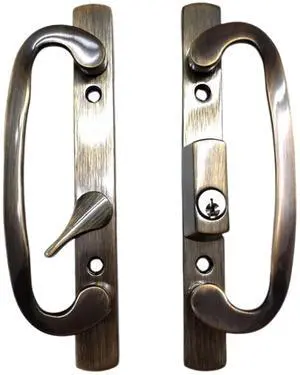 8.5 in Sliding Patio Glass Door Handle Set with Keyed Offset Latch, Antique Brass Diecast Pull, Fits 3-15/16 in Screw Holes and 1-1/4 to 2-1/4 in Door Thickness 8.5 in Sliding Patio Glass Door Handle Set with Keyed Offset Latch, Antique Brass Diecast Pull, Fits 3-15/16 in Screw Holes and 1-1/4 to 2-1/4 in Door Thickness