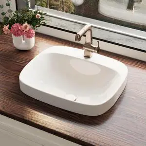 20W x 17D Drop In Bathroom Sink with Free Pop-Up Drain, White Ceramic Rectangular Semi Recessed Bathroom Sink with Single Faucet Hole, Modern Vessel Sink, Durable Above Counter Basin 20W x 17D Drop In Bathroom Sink with Free Pop-Up Drain, White Ceramic Rectangular Semi Recessed Bathroom Sink with Single Faucet Hole, Modern Vessel Sink, Durable Above Counter Basin