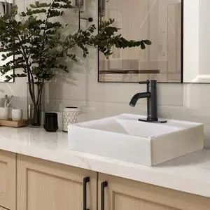 Porcelain Bathroom Vessel Sink 18"x12" with Matte Balck Single | Handle Faucet Pop-up Drain Set Rectangle Above Counter Vanity Basin Arts & Crafts Porcelain Bathroom Vessel Sink 18"x12" with Matte Balck Single | Handle Faucet Pop-up Drain Set Rectangle Above Counter Vanity Basin Arts & Crafts
