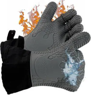 Oven Gloves with Fingers, Comfy Waterproof Silicone Oven Mitts Heat Resistant with Long Cuff, Insulated BBQ Gloves Perfect for Grilling, Baking, Smoker, Canning, and Pizza, Grey, OSFM Oven Gloves with Fingers, Comfy Waterproof Silicone Oven Mitts Heat Resistant with Long Cuff, Insulated BBQ Gloves Perfect for Grilling, Baking, Smoker, Canning, and Pizza, Grey, OSFM