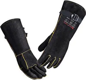 16 Inch Leather Welding Gloves, 932 Heat & Fire Resistant, Large Black Mitts for Welding, BBQ, Oven, Grill, Fireplace, Forge, Furnace, Stove, Pot Holder & Animal Handling 16 Inch Leather Welding Gloves, 932 Heat & Fire Resistant, Large Black Mitts for Welding, BBQ, Oven, Grill, Fireplace, Forge, Furnace, Stove, Pot Holder & Animal Handling