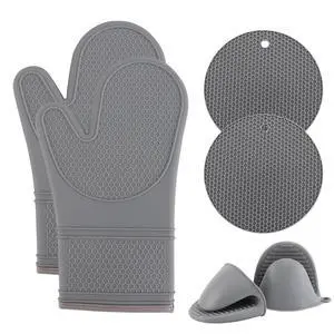 Silicone Oven Mitts- Heat Resistant Gloves with Soft Quilted Lining Oven Mitt Pot Holders for Cooking and BBQ, Gray, Mitt Set Silicone Oven Mitts- Heat Resistant Gloves with Soft Quilted Lining Oven Mitt Pot Holders for Cooking and BBQ, Gray, Mitt Set