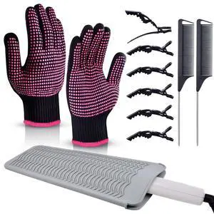 Heat Resistant Gloves, 2 Pcs Professional Heat Gloves for Hair Styling Silicone Hot Mat 6 Pcs Hair Clips and 2 Pcs Styling Comb for Curling Iron Wands Flat Iron Heat Resistant Gloves, 2 Pcs Professional Heat Gloves for Hair Styling Silicone Hot Mat 6 Pcs Hair Clips and 2 Pcs Styling Comb for Curling Iron Wands Flat Iron