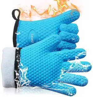 Kitchen Oven Gloves - Dual-Layer Heat Resistant Grilling Gloves, Silicone Oven Mitts with 5 Fingers, Waterproof Non-Slip Pot Holder for Barbecue, Cooking, Baking (Blue) Kitchen Oven Gloves - Dual-Layer Heat Resistant Grilling Gloves, Silicone Oven Mitts with 5 Fingers, Waterproof Non-Slip Pot Holder for Barbecue, Cooking, Baking (Blue)