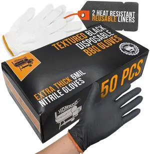 Black Disposable BBQ Gloves Kit - 50 Heavy Duty Full Textured Grip and 2 Heat Resistant Reusable Glove Liners for BBQ, Grilling, Meat Gloves for Pulling Meat Black Disposable BBQ Gloves Kit - 50 Heavy Duty Full Textured Grip and 2 Heat Resistant Reusable Glove Liners for BBQ, Grilling, Meat Gloves for Pulling Meat