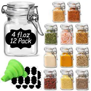 Set of 12 Square Glass Spice Jars with Airtight Lids (4 Oz), Mini Favor Jars with Wire Clamp for Honey, Herbs & Farmhouse Kitchen Pantry Organization, with Funnel & Labels Set of 12 Square Glass Spice Jars with Airtight Lids (4 Oz), Mini Favor Jars with Wire Clamp for Honey, Herbs & Farmhouse Kitchen Pantry Organization, with Funnel & Labels