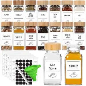 16 Pack 6 oz Glass Spice Jars with Bamboo Lids and Spice Labels 16 Pack 6 oz Glass Spice Jars with Bamboo Lids and Spice Labels