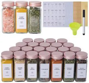 24 Pcs Glass Spice Jars with Labels and Pink Metal Caps, 4oz Empty Spice Containers with Shaker Lids, Funnel, Pen,Seasoning Storage Bottles for Spice Rack, Cabinet, Drawer 24 Pcs Glass Spice Jars with Labels and Pink Metal Caps, 4oz Empty Spice Containers with Shaker Lids, Funnel, Pen,Seasoning Storage Bottles for Spice Rack, Cabinet, Drawer