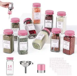 Airtight Spice Containers for Kitchen: 14Pcs Glass Seasoning Jars with Labels - 4oz Pink Metal Lid Square Spice Jars with Pepper Grinder & Funnel, Seasoning Bottles for Rack Cabinet Drawer Airtight Spice Containers for Kitchen: 14Pcs Glass Seasoning Jars with Labels - 4oz Pink Metal Lid Square Spice Jars with Pepper Grinder & Funnel, Seasoning Bottles for Rack Cabinet Drawer