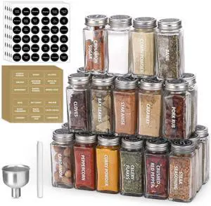 28 Pcs Clear Glass Spice Jars,3.5 oz Glass spice jar with 324 labels, Funnel,Chalk Pen,Shaker Lids and Airtight Metal Caps, Empty Square Spice Bottles for Spice Rack, Cabinet, Drawer 28 Pcs Clear Glass Spice Jars,3.5 oz Glass spice jar with 324 labels, Funnel,Chalk Pen,Shaker Lids and Airtight Metal Caps, Empty Square Spice Bottles for Spice Rack, Cabinet, Drawer